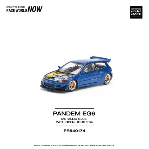Pop Race Pandem Civic EG6 Metallic Blue With Open Hood 1:64 diecast